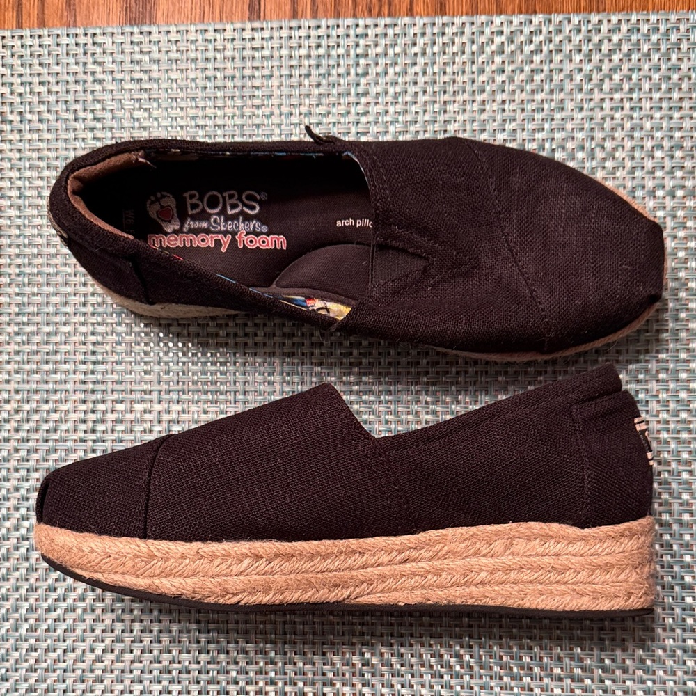 Skechers BOBS Black Canvas Wedges with Squared Toe size 6.5